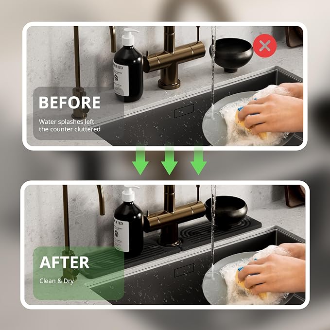 Faucet Mat for Kitchen Sink - 15.8" Quick Drying Sink Splash Guard - Water Absorbent Diatomaceous Tray Mats for Bathroom - Dark Gray