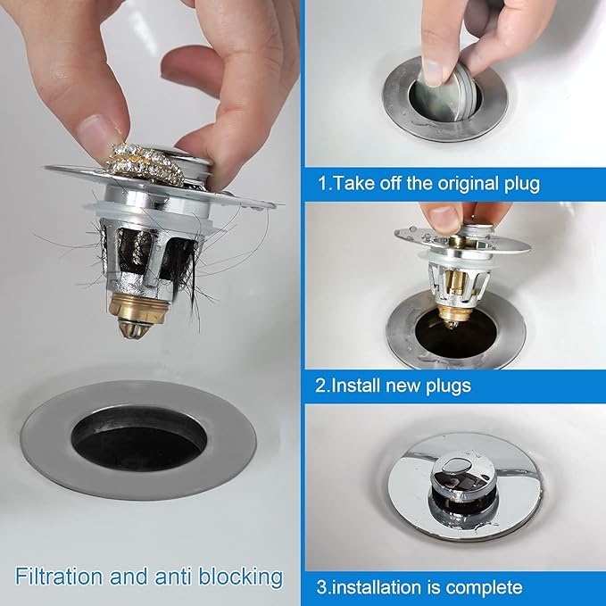 2PACK Universal Bathroom Sink Stopper,1.1-1.5 Inch Bullet Core Push Type Basin Pop-up Drain Filter,Bathtub Converter Sink Drain Strainer Plug No Overflow with Basket Hair Catcher