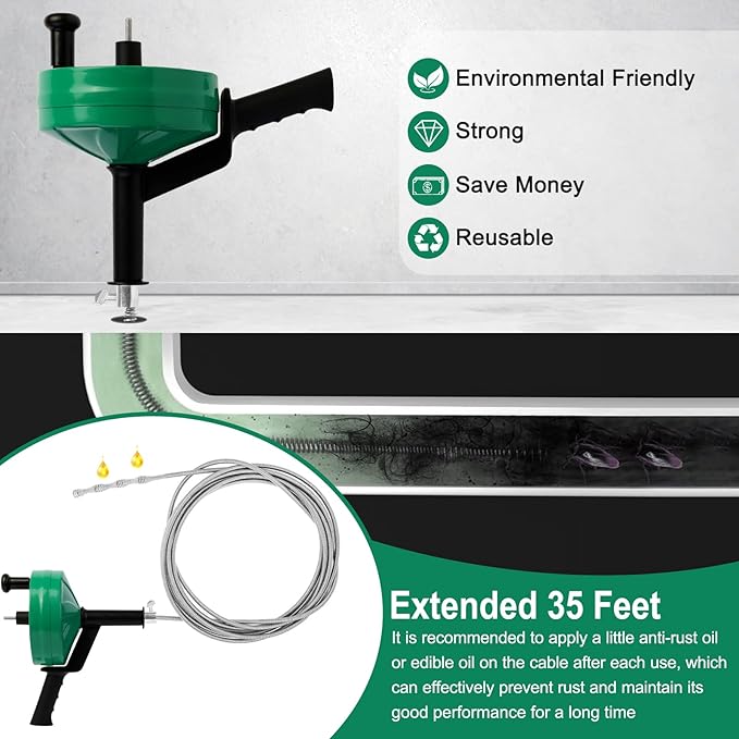 Wayona Drain Snake 35 FT, Plumbing Snake for Sink Snake Drain clog Remover, Drain Snake with Drill Attachment with Bag Gloves Cleaning Brush, Manual or Powered Used, Not Automatic(35 FT - 1/4 inch)