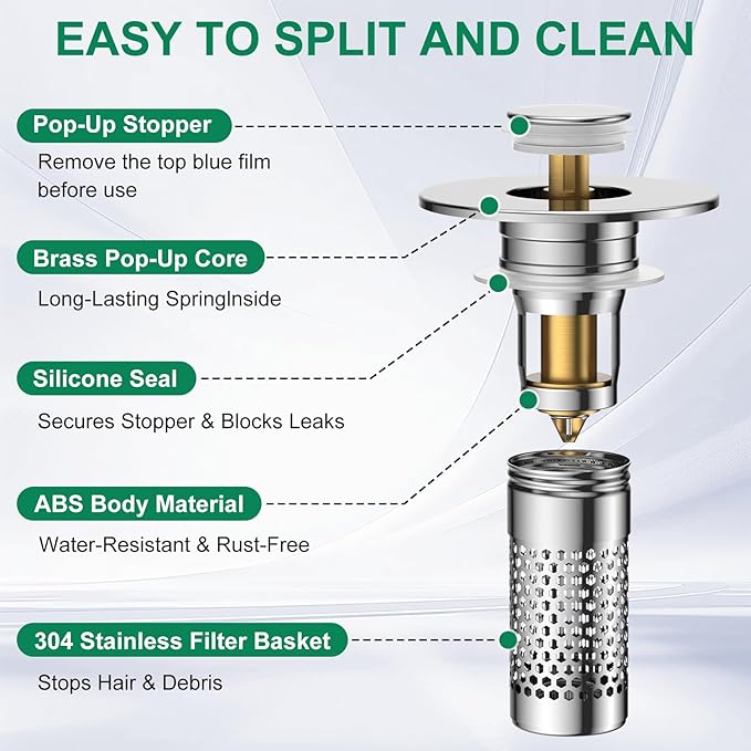 Bathroom Sink Drain Strainer,Universal Pop-Up Sink Stopper Hair Catcher, Stainless Steel Anti-Clog Drain Filter Basket, Removable Sink Drain for Bathroom Sink Stopper Replacement (Silver-4pcs)