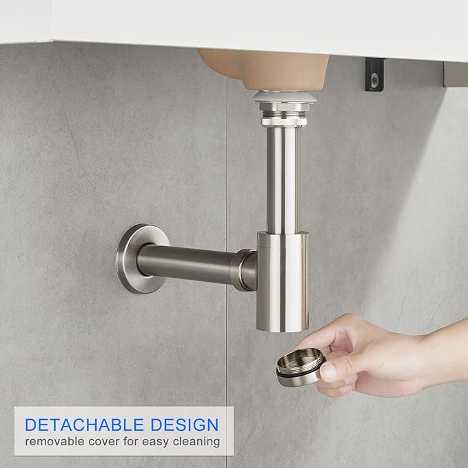 MENATT Solid Brass Bathroom Sink Stopper P-Trap Complete Set, Adjustable Bathroom Bottle Trap Sink Drain Kit and Pop Up Drain Without Overflow, Brushed Nickel