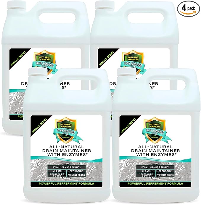 Natural Armor Enzyme Drain Maintainer - Gallon Drain Cleaner with Natural Enzyme Power to Prevent Buildup & Odors - Safe for Sinks, Showers, Grease Traps & Septic - Non-Toxic Formula, 128 fl oz Case