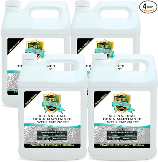 Natural Armor Enzyme Drain Maintainer - Gallon Drain Cleaner with Natural Enzyme Power to Prevent Buildup & Odors - Safe for Sinks, Showers, Grease Traps & Septic - Non-Toxic Formula, 128 fl oz Case