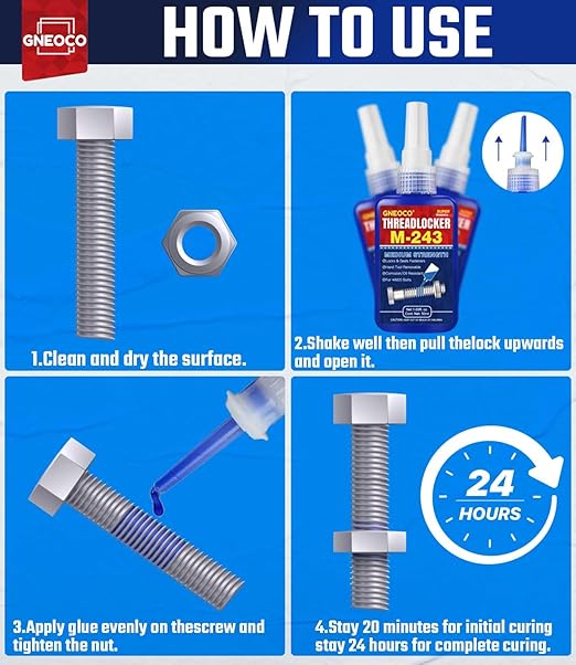ThreadLocker Blue, Thread Lock Medium Strength Lock Tight for Nuts, Bolts, Fasteners and Metals, Anaerobic Curing Metal Glue to Prevent Loosening and Corrosion (M243-50ml)