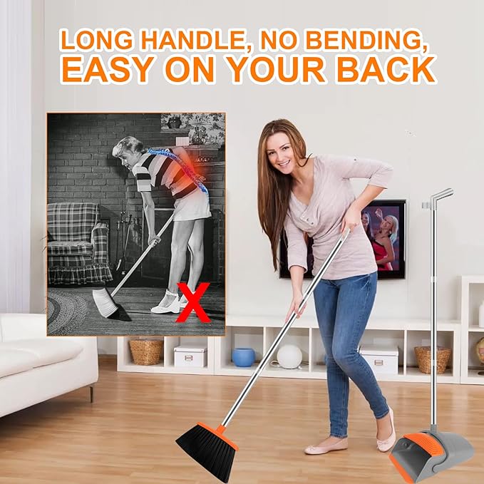 Broom with Dustpan Combo Set, 51" Household Dustpans and Broom, Standing Dust Pan Set for Home, Cleaning Set for Kitchen Lobby Indoor Outdoor