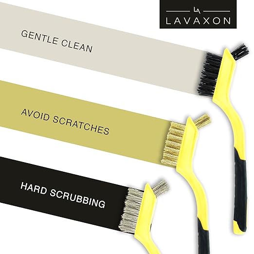 Wire Brush Set 3Pcs - Nylon/Brass/Stainless Steel Bristles with Curved Handle Grip for Rust, Dirt & Paint Scrubbing with Deep Cleaning – 7 Inches (Yellow)