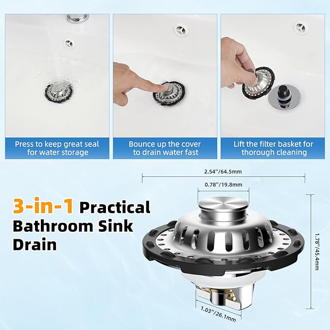 2PACK Universal Bathtub Drain Stopper Shower Hair Catcher Bathroom Sink Strainer, Tub Stopper with Visible Top Strainer, Brass Metal 3 in 1 Pop-up Stopper for Standard 1.1''~2.36'' Hole, Chrome