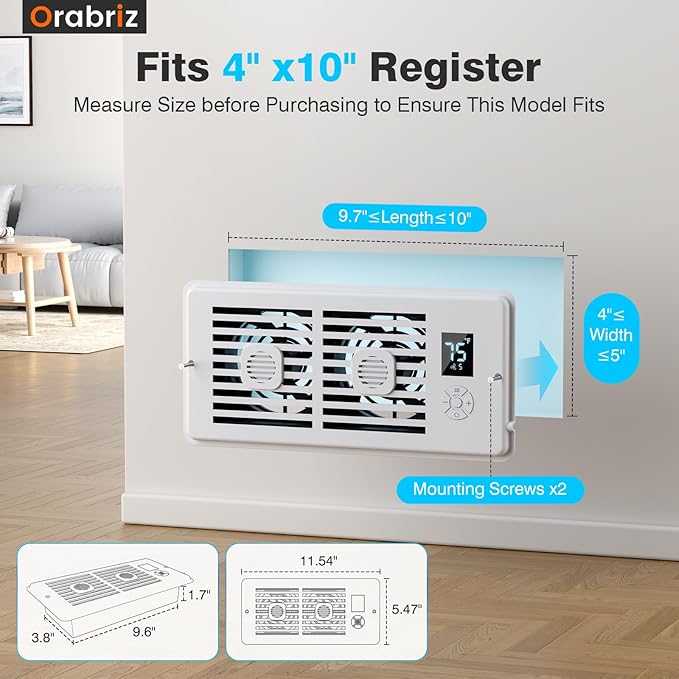 AC Vent Booster Fan 4" x 10" Register, Quiet 10-Speed Air Booster with Thermostat Control, Remote & LCD Display, Aroma Pad Slot, Improves Airflow for Small Rooms