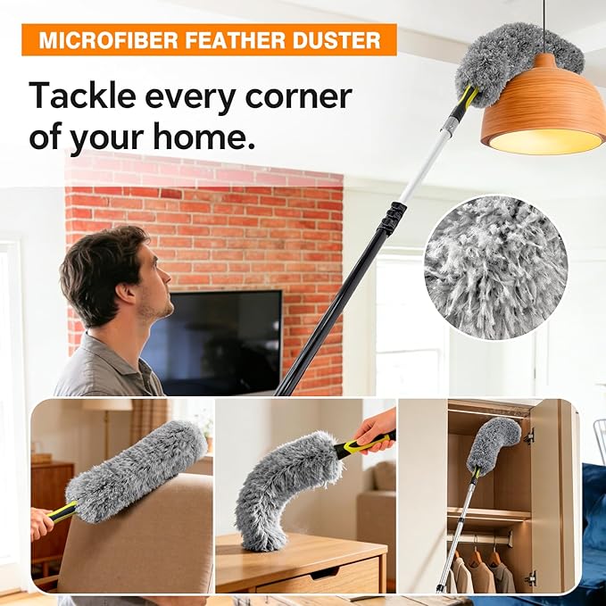 4-12Ft Telescoping Extension Pole Kit, 4-in-1 High Reach Duster with Chenille Microfiber Feather & Cobweb Duster Attachments for Ceiling Wall Hard-to-Reach Indoor & Outdoor Cleaning Yellow