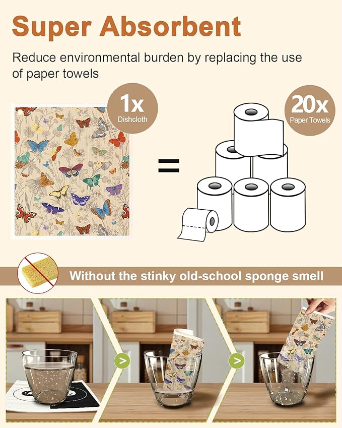 Miss Adola Kitchen Swedish Dishcloths with Hooks - 6 Pack Reusable Dish Cloths for Washing Dishes Fast Drying Cute Fun Swedish Dish Towels Washable Cleaning Sponge, Plant Butterfly