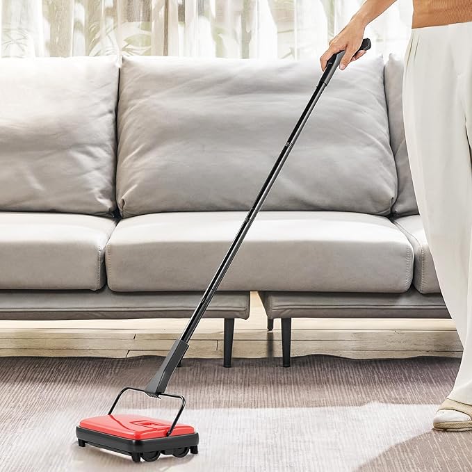 VEVOR Carpet Sweeper Manual, Floor Sweeper with 300 ml Dustbin Capacity Easy to Empty, 6.7 inch Cleaning Width for Home Office Carpets Pet Hair Dust, Red