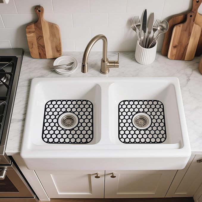 2 Pack Silicone Sink Protectors for Kitchen Sink - 12" x 11" Kitchen Grid Accessory, Non-Slip Heat-Resistant Mat for Bottom of Porcelain Stainless Steel, Dishwasher Safe (Black)