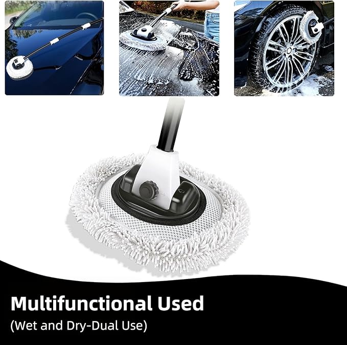 15° Curved Car Wash Brush with Long Handle 43" Microfiber Cleaning Mop Telescopic Extension Pole for Caravan RV Truck Auto SUV Wheel Boat Exterior 2 in1 Carwash Duster Scratch Free, White