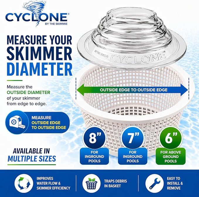 The Skimmie Cyclone (Skimmer Basket NOT Included) - Turbocharges Pool Skimmer Water Flow - Improves Pool Surface Cleaning & Debris Removal - 8" Funnel Design Works with Any Pool Water Level