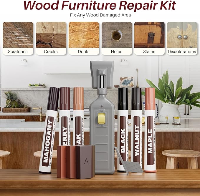 Laminate Floor Repair Kit with Heat Pen, 6 Colors Linoleum Repair Kit Floor Hard Wax Furniture Touch Up Marker Scratch Repair Restore Scratch, Crack, Stain, Hole for Wood Floor Door,Cabinet,Table.