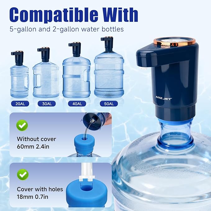 Dual Pump Water Dispenser for 5 Gallon Bottle, Electric Water Bottle Pump with Water Jug Cap, Powerful Flow, USB Rechargeable Automatic for Home, Office, Camping-Blue