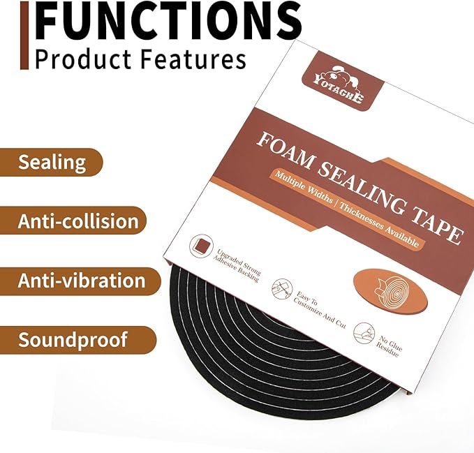 Yotache Weather Stripping Door Seal Strip 1/4" x1/8", 5 Rolls x 16.5ft Better Adhesive Foam Insulation Seal Tape for Door Jamb Frame, Windows, Total 83ft