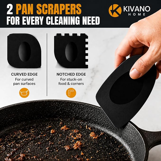 Cast Iron Scrubber with 2 Pan Scrapers – 316L Stainless Steel Chainmail Cleaner for Cast Iron Skillets, Woks & Grill Pans