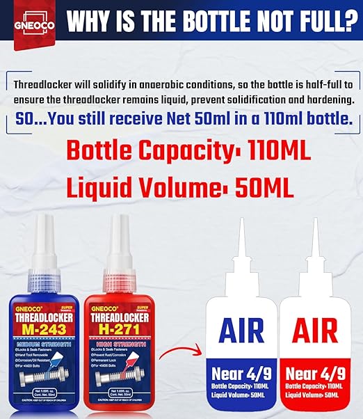 ThreadLocker Blue and Red, Thread Lock Medium High Strength Lock Tight for Nuts, Bolts, Fasteners and Metals, Anaerobic Curing Metal Glue to Prevent Loosening and Corrosion (M243 H271-100ml)