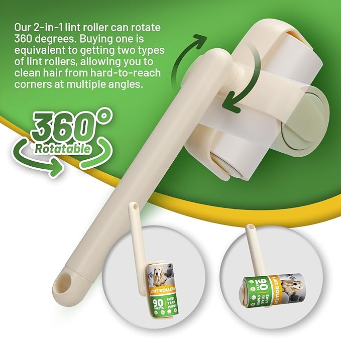 Lint Roller 2-in-1 Rotatable Handle Pet Hair Remover for Laundry Dog Hair, Cat Hair, Animal Fur, Fuzz Extra Sticky Roller for Couch, Clothes, Furniture and Carpet(2 Pack)