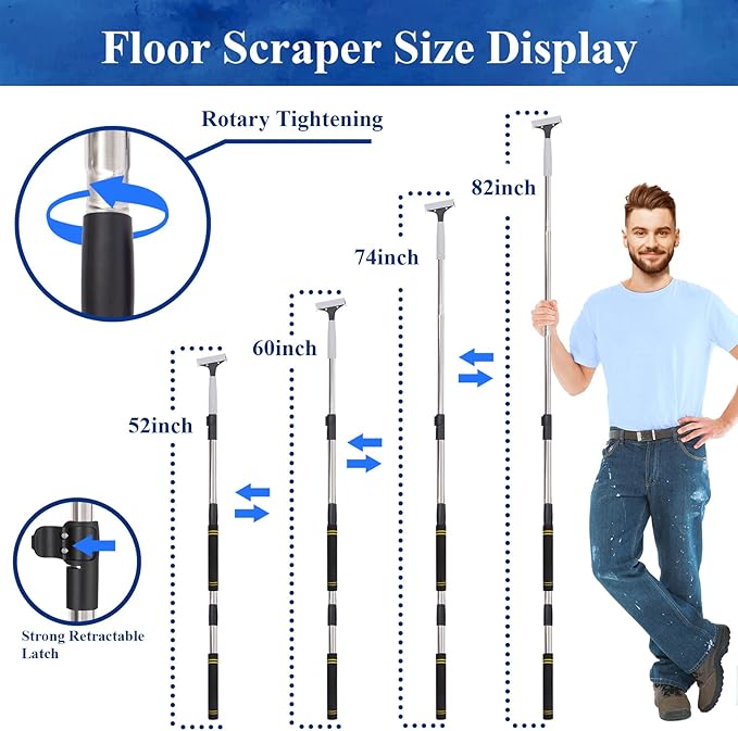 4"Razor Blade Floor Scraper with Long Handle,61in Adjustable Floor Scraper Heavy Duty with 10PCS Extra Metal Blades Paint Scraper for Cleaning Stickers Gum Glass Wall Tile (Retractable 82in)