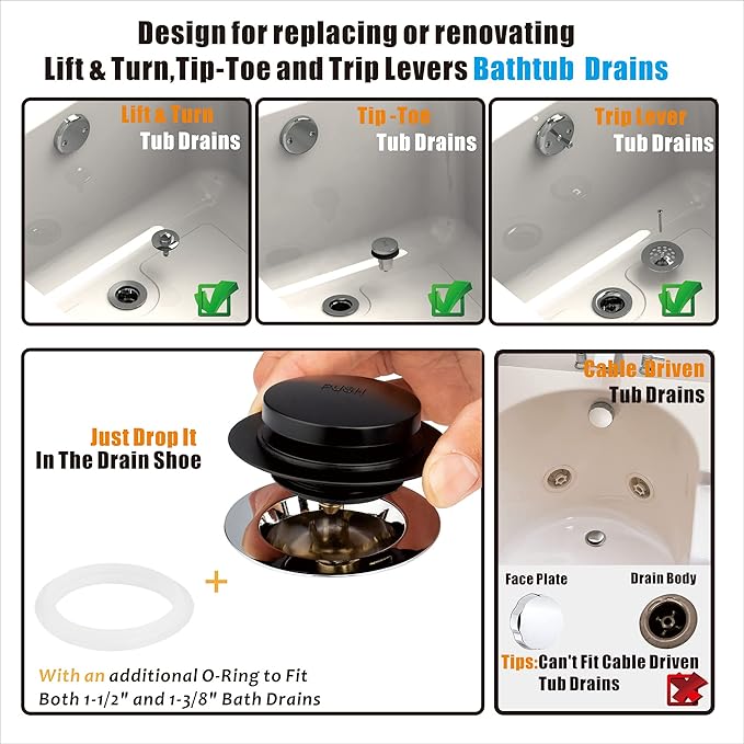 Artiwell Universal Tip Toe Bath Drain Stopper and Cover, Bathtub Drain Stopper, Replaces Lift and Turn, Tip-Toe and Trip Lever drains for Tub, EZ Installation and Clearing (MATT Black)