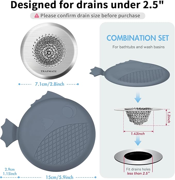 TRAPMATE Bathtub Stopper Drain Strainer Kit, Easy Clean Tub Shower Drain Hair Catcher, Anti-Clog Stainless Steel Sink Cover, Drain Protector for Bathroom Sink & Wash Basin (Patented Product)