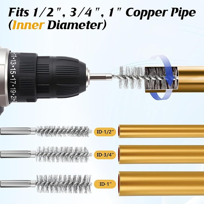 1/2", 3/4", 1" Copper Pipe Cleaner for Drill Set Includes External Stainless Steel Wire Bore Brushes, Internal Tube Cleaning Brushes, Replacement Plumbing Tools (9 Pcs)