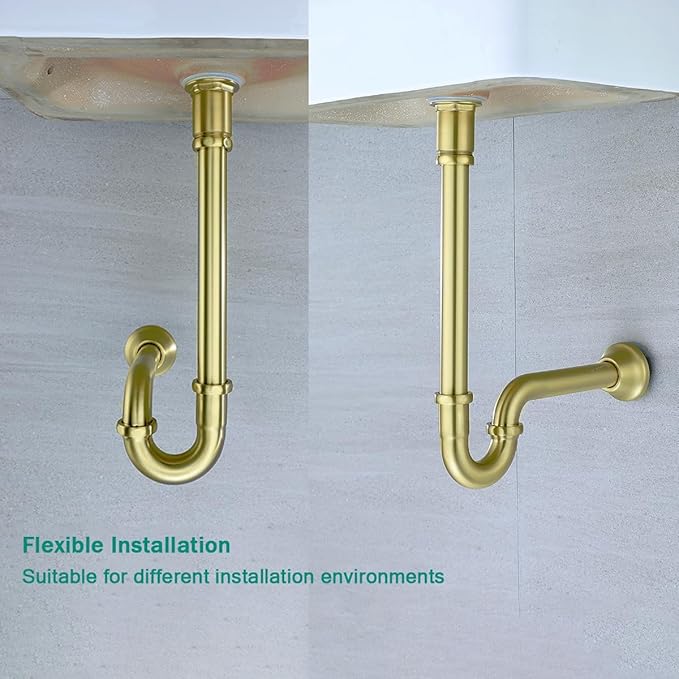 Brass P Trap U-Shape 11/4 inch Sink Drain Pipe with Slip Joint Extension Tub,12 inch Vertical Pipe length Adjustable Height Sink Waste Trap Drain Kit,Brushed Gold,SE83555BG-L
