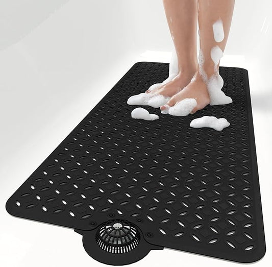 OTHWAY Bath Mat for Tub Non Slip: 39" X 17" Long Bathtub Mat with Hair Catcher│Big Drain Holes Shower Mats for Inside Shower│Machine Washable (Black)