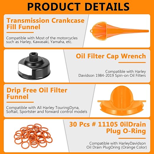 Oil Change Kit Compatible with Harley-Davidson, Complete Motorcycle Oil Change Tool Set with Filter Cap Wrench, Fill Tools & 30Pcs O-Rings