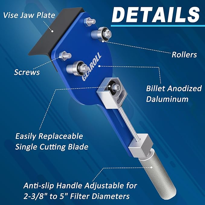 77750 Oil Filter Cutter Tool with Vise Jaw Plate, Oil Filter Cutter Cutting Tool for Filter Cutting Range 2-3/8" to 5" (Blue)