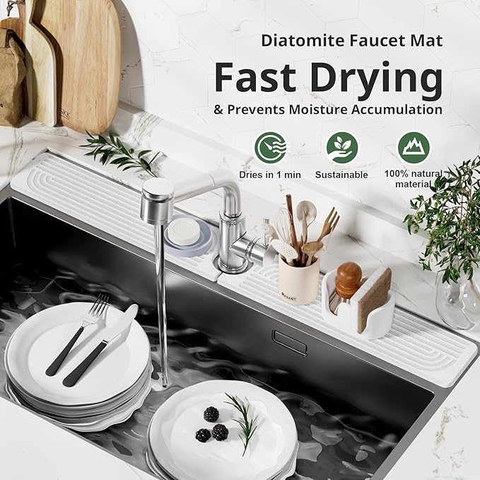 Faucet Mat for Kitchen Sink - 30" Diatomaceous Earth Faucet - Sink Splash Guard for Kitchen, Bathroom, and Laundry Room Faucets - White