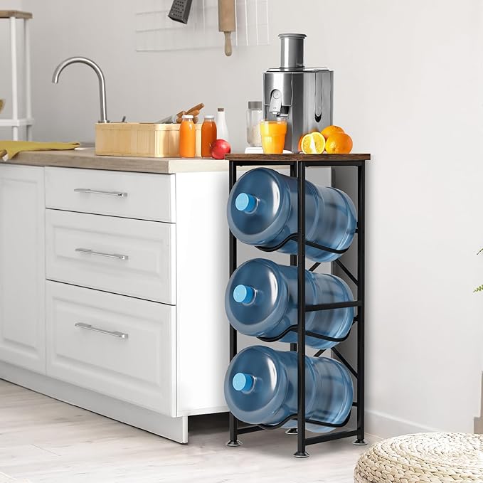 5 Gallon Water Jug Holder, 3-Tier Water Bottle Holder with Wood Top Shelf, Heavy Duty Water Cooler Jug Rack, Water Dispenser Storage Stand for Kitchen Office and Living Room