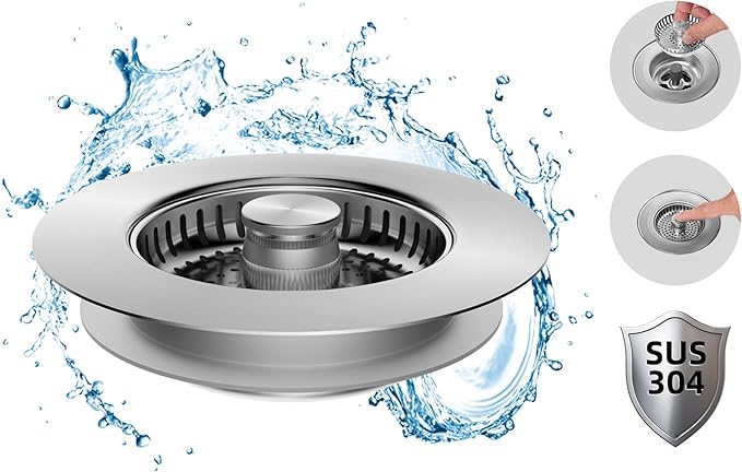 Hibbent All Metal Stainless Steel 3 in 1 Kitchen Sink Drain Strainer and Stopper Combo, Upgraded Sink Stopper, Anti-Clogging Stainless Steel Basket Strainer with Handle for US Standard 3-1/2" Drain