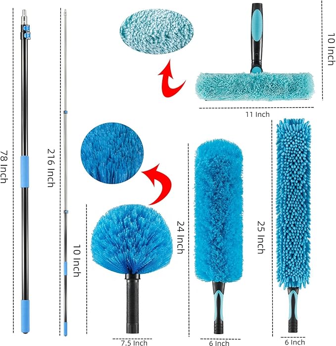 25 Foot High Ceiling Fan Duster with 6-18ft Extension Pole, Extendable Reusable Cobweb, Feather, Window Cleaning Squeegee Kit