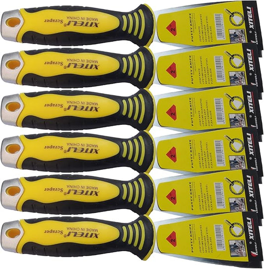 6-Pack 2" Putty Scraper,Putty Knives with Plastic Ergonomic Handle for Taping Paint Wall Floor Tile, Metal Spackle Tools Knife,Remover for Wood, Wallpaper Scraper (2")
