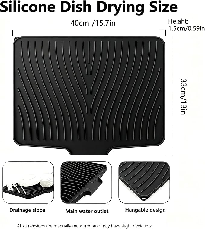 Silicone Dish Drying Mat,Dish Drying Pad,kitchen accessories,with Built-In and Non-Slip Drain,easy Clean, fit for kitchen, Bar, RV, Refrigerator and Drawer Liner, 15.7 * 13 in Black 1PCS by EBIGIC
