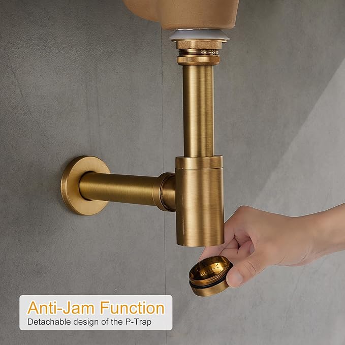 Solid Brass Adjustable 1-1/4 Bottle Trap with Overflow Drain Stopper Set, Bathroom Sink P-Trap Complete Set Sink Drain Kit Tube, Antique