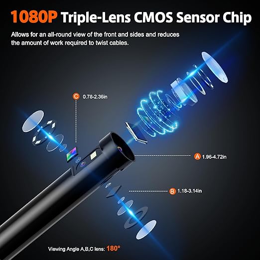 Triple Lens Sewer Camera with 50FT Cable, 5" IPS Screen 1080P HD Snake Camera, Waterproof IP67 Drain Pipe Borescope with Light, Plumbing Inspection Endoscope with 32GB Card & Carrying Case