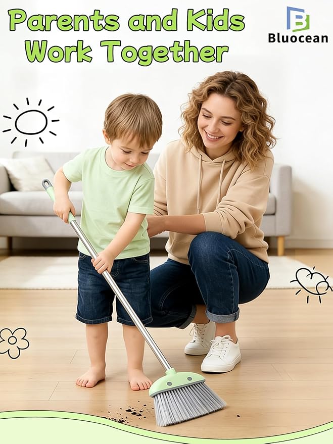 28'' Kids Mini Broom with Dustpan & Mop Set - Toddler Cleaning Toy, Toddler Household Helper, Parent-Child Interactive Play Cleaning Tool, Cute Cartoon Design, Small Safe Corner Broom (Green Sprout)