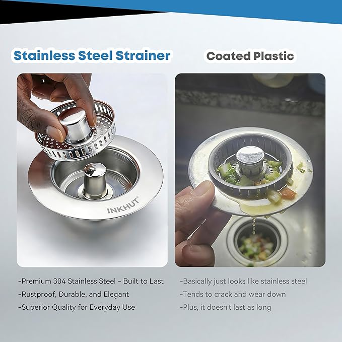 Upgraded 3 in 1 Kitchen Sink Drain Strainer - Stainless Steel Sink Stopper, Anti-Clogging Sink Food Catcher Basket, Fast Drainage Odor Filter Sink Plug for US Standard 3 1/2 inch Drain (Silver-2Pack)