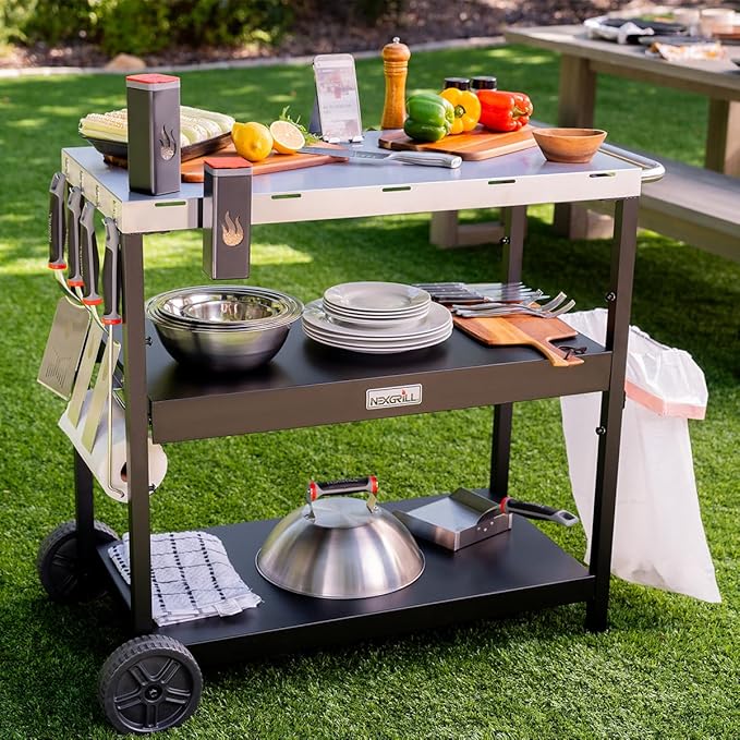 Nexgrill Large Stainless Steel Grill Table with Double Shelf for Griddle, 46" L x 24" W x 40" H, 648 Sq. in., Portable Grill Cart with Side Handle, Paper Towel, and Trash Bag Holder - 880-0016D