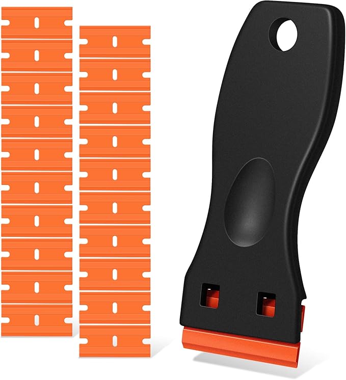 Plastic Razor Blade Scraper, Scraper Tool with 20 PCS Plastic Razor Blades for Removing Labels Adhesive Decals Sticker from Windows Glass (Black)