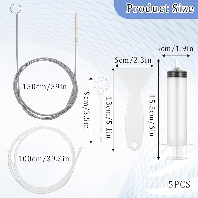 5 Pcs Refrigerator Cleaning Kit Flexible Refrigerator Feeding Scrub Tube Brush Extra Long Pipe Slim Cleaner Tool with Hose Syringe Shovel Plug Rod for Ice Maker Dispenser