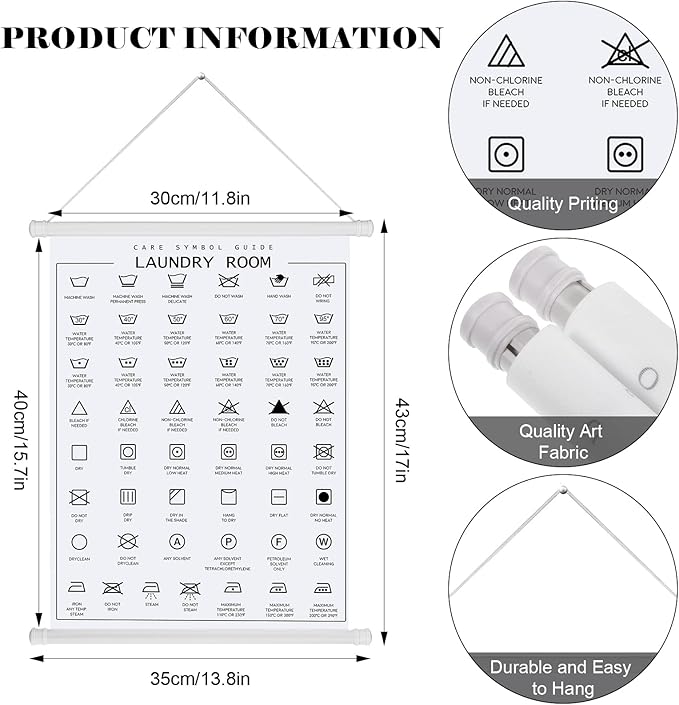 Gersoniel 2 Pieces Laundry Room Decor Laundry Symbols Wall Art Washing Room Hanging Symbols Decoration Stain Removal Theme Sign Clothes Care Room Art Ready to Hang Plaque, 11.8 x 15.7 Inches(White)
