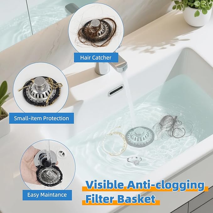 2PACK Universal Bathtub Drain Stopper Shower Hair Catcher Bathroom Sink Strainer, Tub Stopper with Visible Top Strainer, Brass Metal 3 in 1 Pop-up Stopper for Standard 1.1''~2.36'' Hole, Chrome