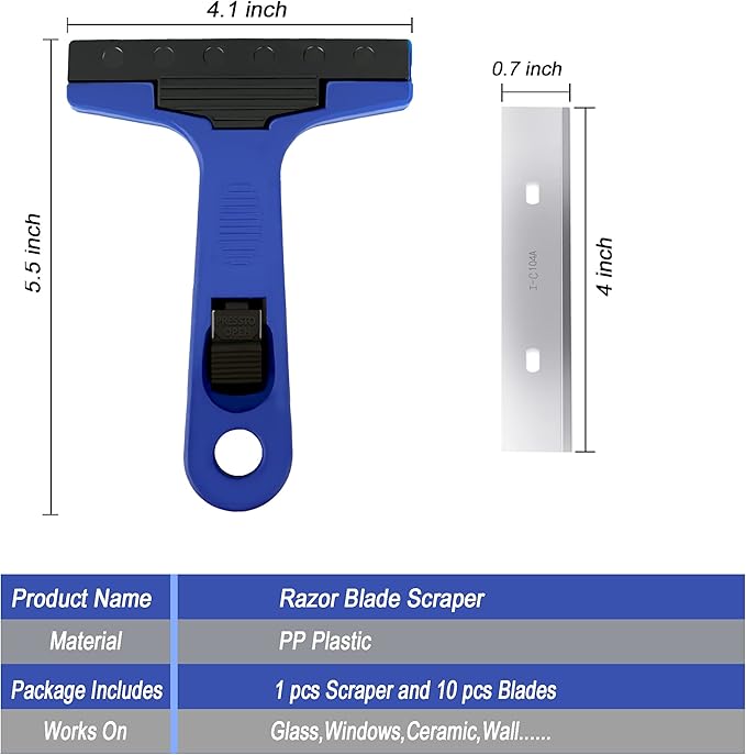 Razor Blade Scraper, 4" Scraper Tool with 10 Extra Replacement Metal Blades, Razor Scraper Remover for Cleaning Paint, Caulk, Adhesive, Label, Decal, Sticker from Window, Glass, Tile, Floor, Stove Top
