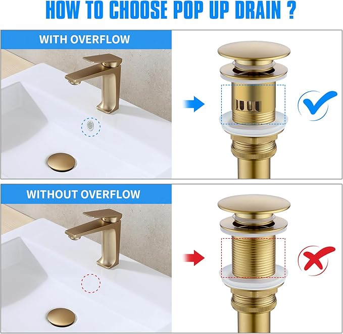 JONKEAN Bathroom Pop Up Drain with Overflow,Vanity Vessel Sink Drain with Detachable Basket,Pop Up Drain Stopper Hair Catcher, Built-in Anti-Clogging Strainer (Brushed Gold, with Overflow)