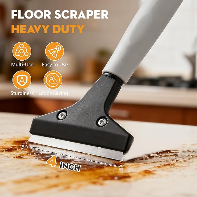 Heavy Duty 4-inch Razor Blade Floor Scraper, 62 Inch Long-Handle, Cleaning Glass Wall Scraper, with 10 Blades, Painting Stripping Tools, Tile, Floors, Walls